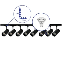 Bright Choice Komplett set 1-Fas Rail L 1,5 x 2 Meter Svart | incl. 8x Spot + GU10 2700K 3W Dimbar + Ändkåpa, Strömkontakt och L -Anslutningsstycke