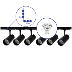Bright Choice Komplett set 1-Fas Rail L 1,5 x 2 Meter Svart | incl. 6x Spot + GU10 2700K 3W Dimbar + Ändkåpa, Strömkontakt och L -Anslutningsstycke