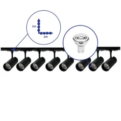 Bright Choice Komplett set 1-Fas Rail L 2 x 2 Meter Svart | incl. 8x Spot + GU10 2700K 3W Dimbar + Ändkåpa, Strömkontakt och L -Anslutningsstycke