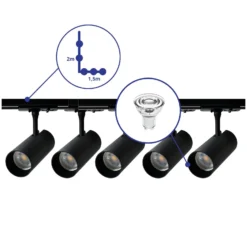 Bright Choice Komplett set 1-Fas Rail L 1,5 x 2 Meter Svart | incl. 5x Spot + GU10 2700K 3W Dimbar + Ändkåpa, Strömkontakt och L -Anslutningsstycke