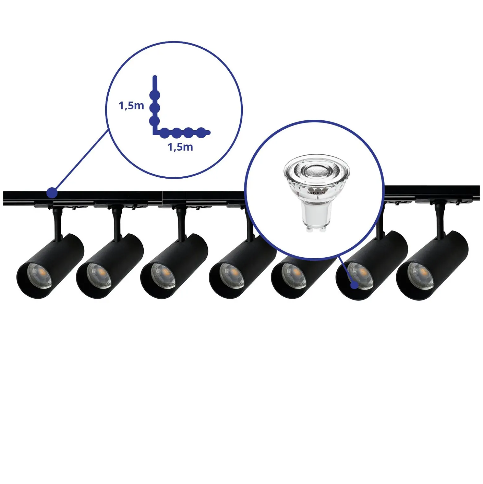 Bright Choice Komplett set 1-Fas Rail L 1,5 x 1,5 Meter Svart | incl. 7x Spot + GU10 2700K 3W Dimbar + Ändkåpa, Strömkontakt och L -Anslutningsstycke
