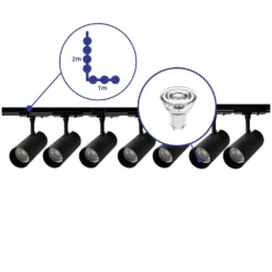 Bright Choice Komplett set 1-Fas Rail L 1 x 2 Meter Svart | incl. 7x Spot + GU10 2700K 3W Dimbar + Ändkåpa, Strömkontakt och L -Anslutningsstycke