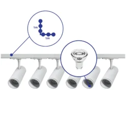 Bright Choice Komplett set 1-Fas Rail L 1 x 1 Meter Vit | incl. 6x Spot + GU10 2700K 3W Dimbar + 1 x 1 Meter Ändkåpa, Strömkontakt och L -Anslutningsstycke