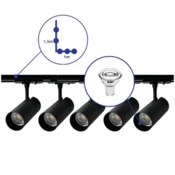 Bright Choice Komplett set 1-Fas Rail L 1 x 1,5 Meter Svart | incl. 5x Spot + GU10 2700K 3W Dimbar + Ändkåpa, Strömkontakt och L -Anslutningsstycke