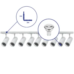 Komplett set 1-Fas Rail L 2 x 2 Meter Vit | incl. 9x Spot + GU10 2700K 3W Dimbar + Ändkåpa, Strömkontakt och L -Anslutningsstycke