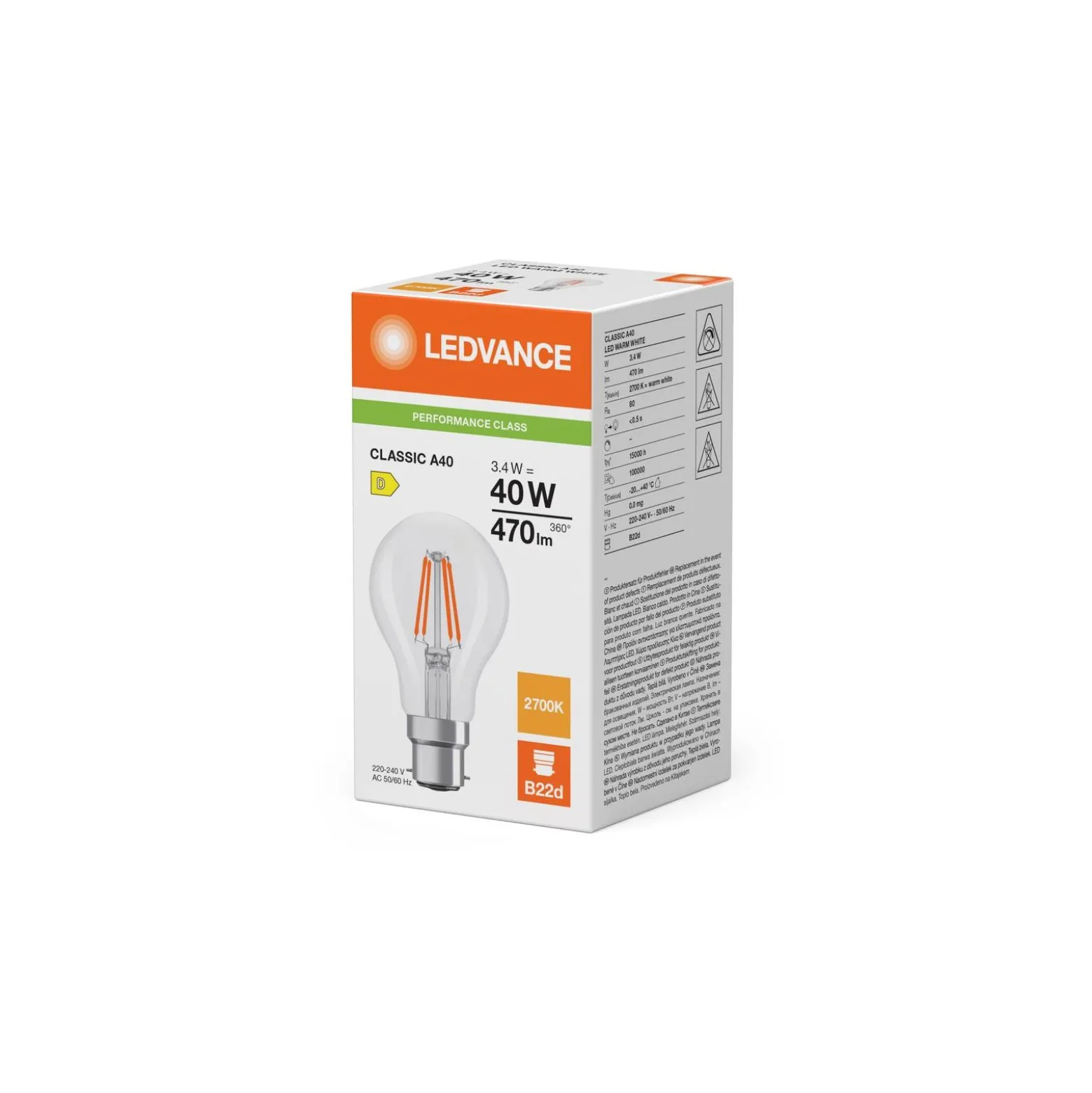 Ledvance Classic LED B22 Päron Filament Klar 3.4W 470lm - 827 Extra Varm Vit | Ersättare 40W