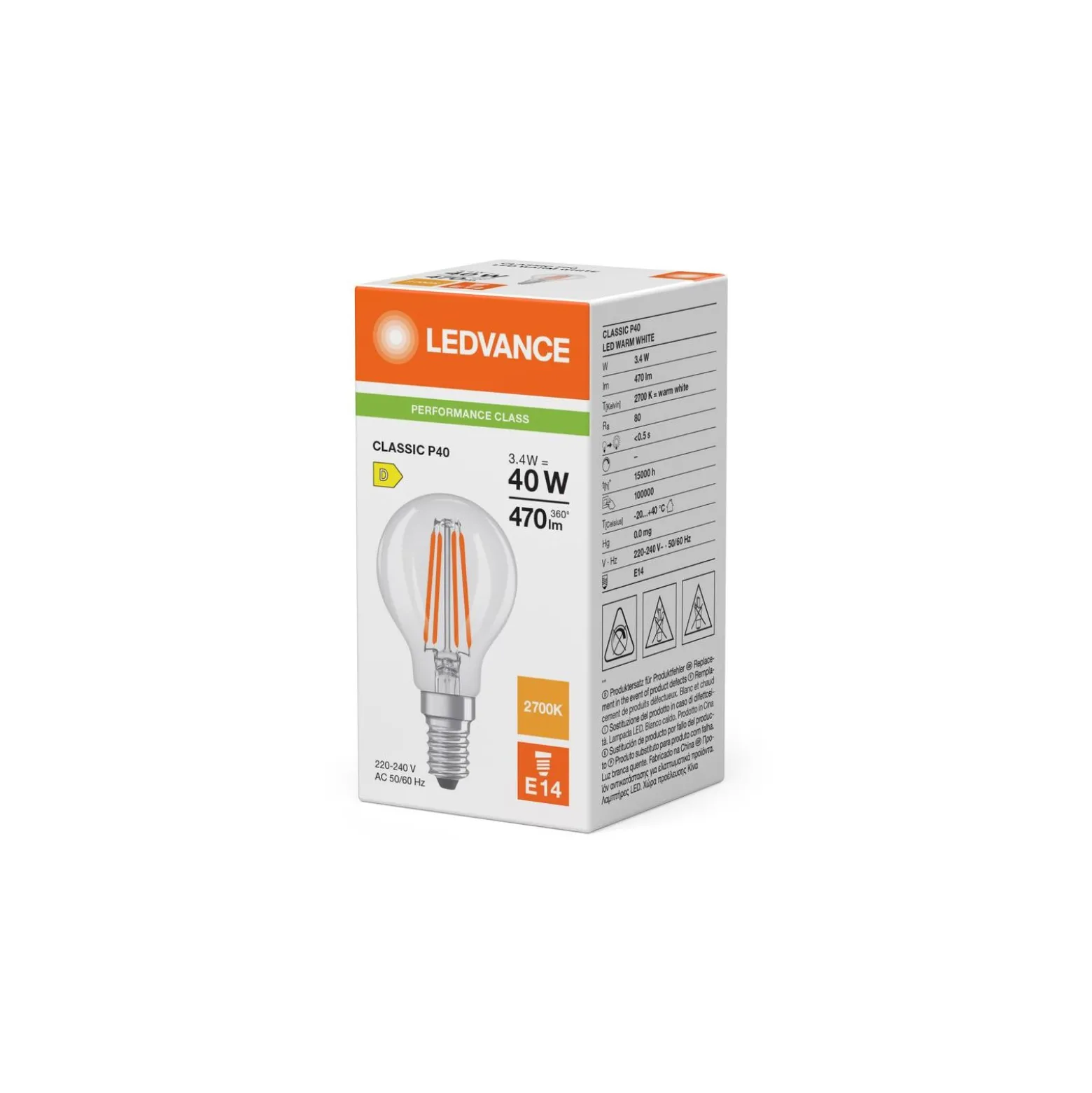 Ledvance Classic LED E14 Päron Filament Klar 3.4W 470lm - 827 Extra Varm Vit | Ersättare 40W