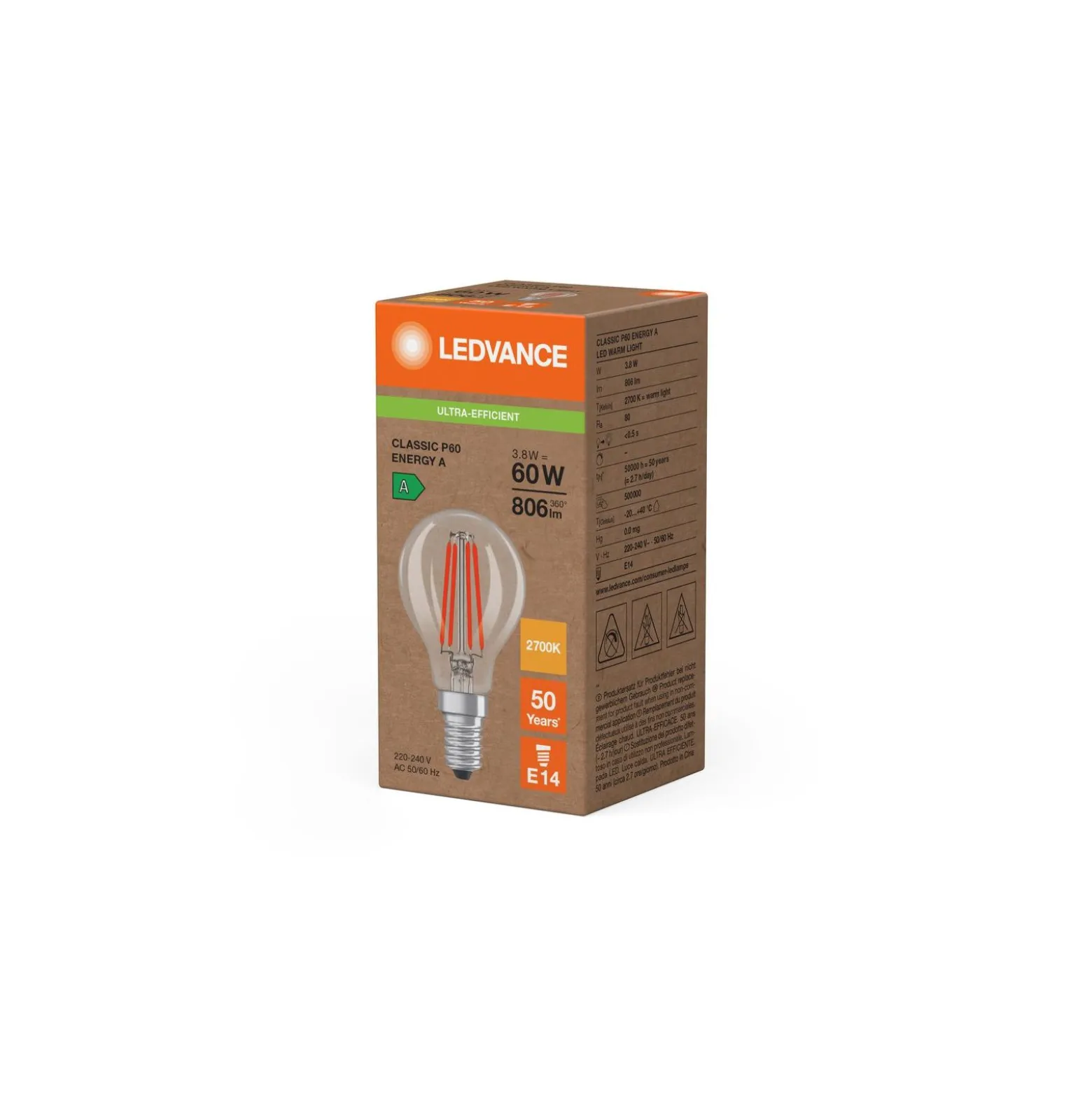 Ledvance Classic LED E14 Päron Filament Klar 3.8W 806lm - 827 Extra Varm Vit | Ersättare 60W