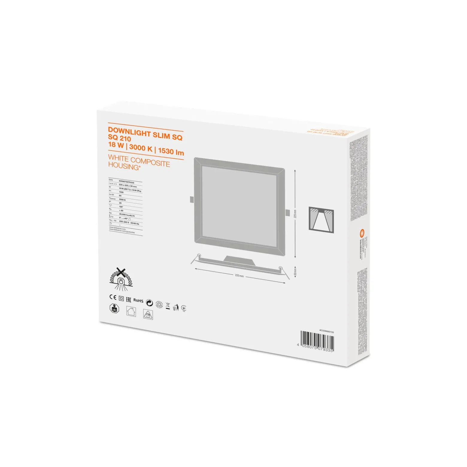 Ledvance LED Downlight Slim Fyrkant SQ210 18W 1530lm 120D - 830 Varm Vit