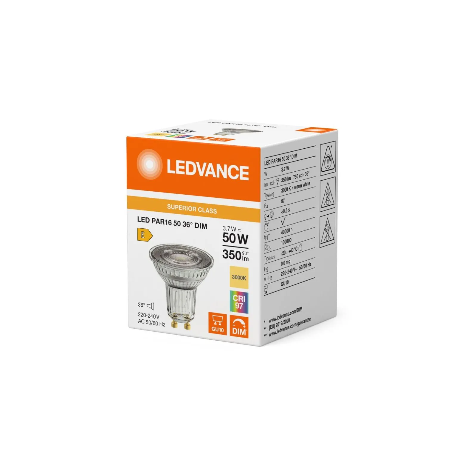 Ledvance LED Spot GU10 PAR16 3.7W 350lm 36D - 930 Varm Vit | Bästa Färgåtergivning - Dimbar - Ersättare 35W