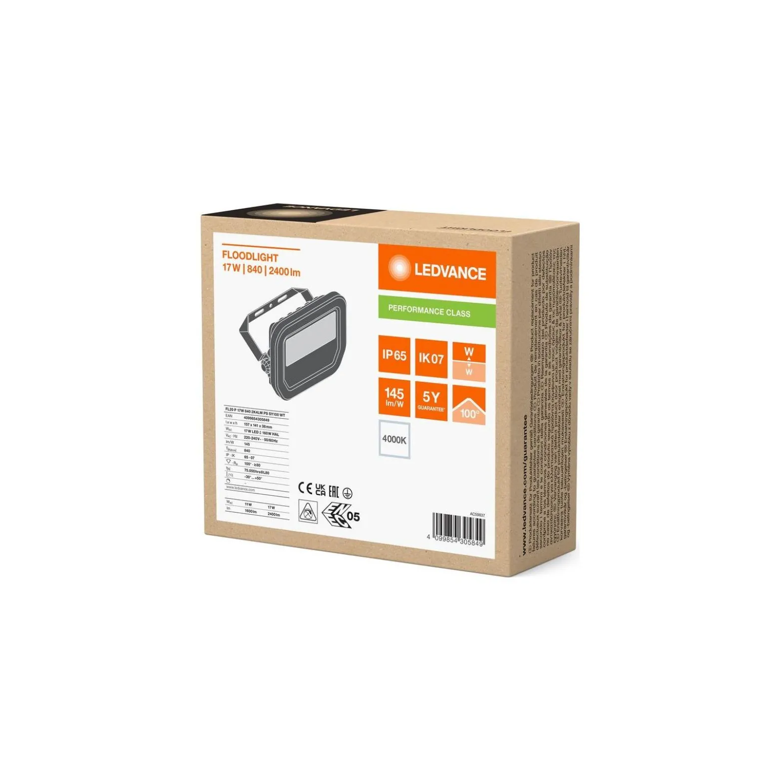 Ledvance LED Strålkastare Aluminium Vit 17W 2400lm 100D - 840 Kallvit | IP66 - Symmetrisk