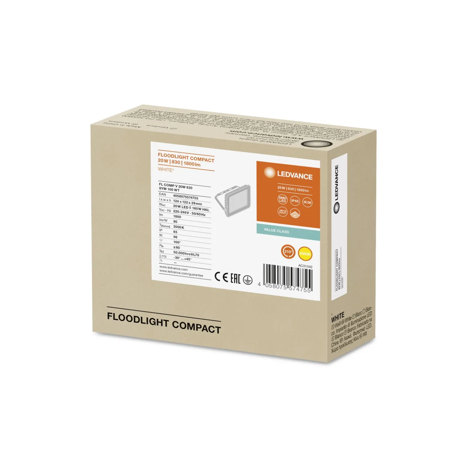 Ledvance LED Strålkastare Kompakt Vit 20W 1800lm 100D - 830 Varm Vit | IP65 - Symmetrisk