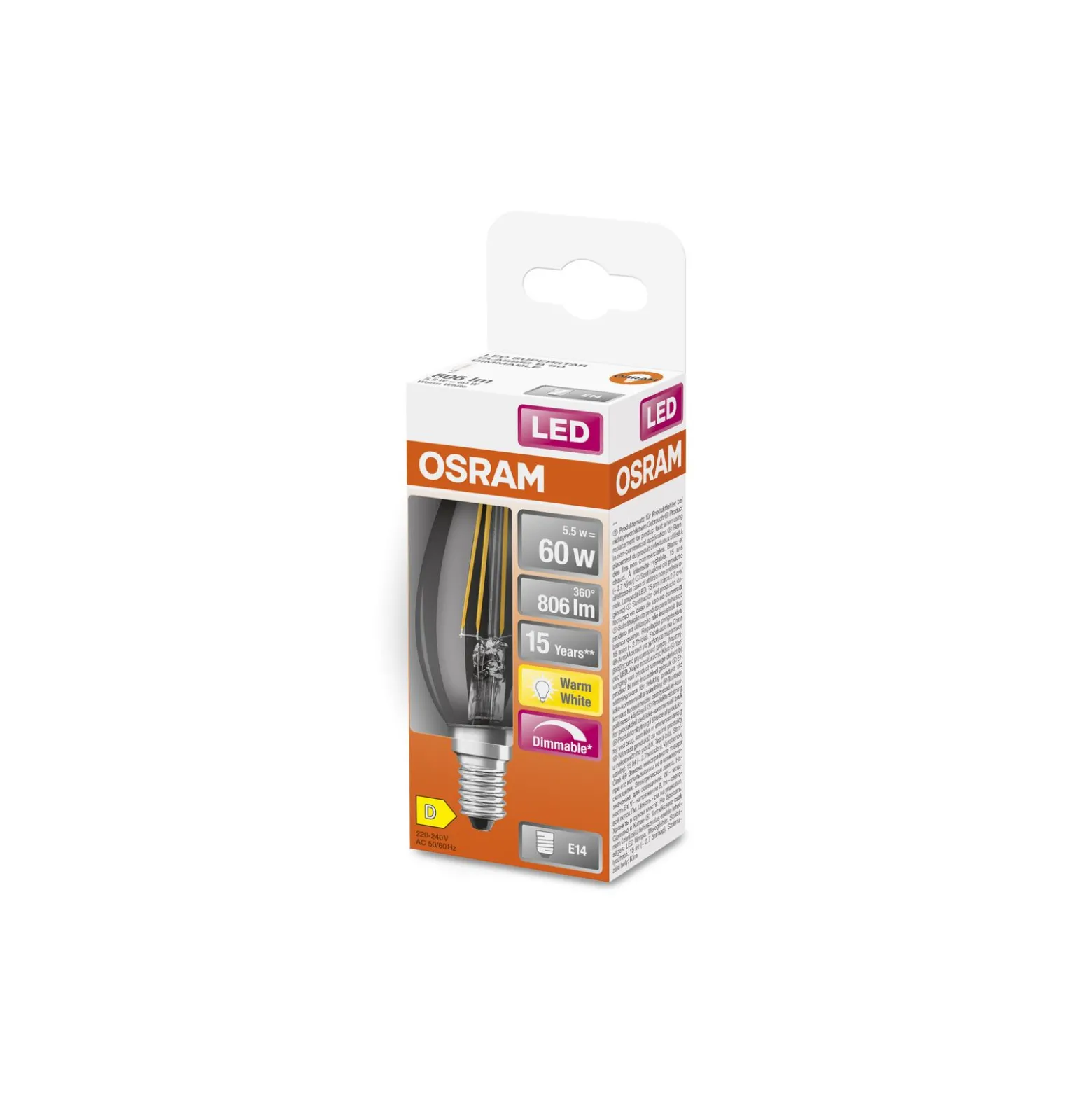 Osram Classic LED E14 Kronljus Filament Klar 5.5W 806lm - 827 Extra Varm Vit | Dimbar - Ersättare 60W