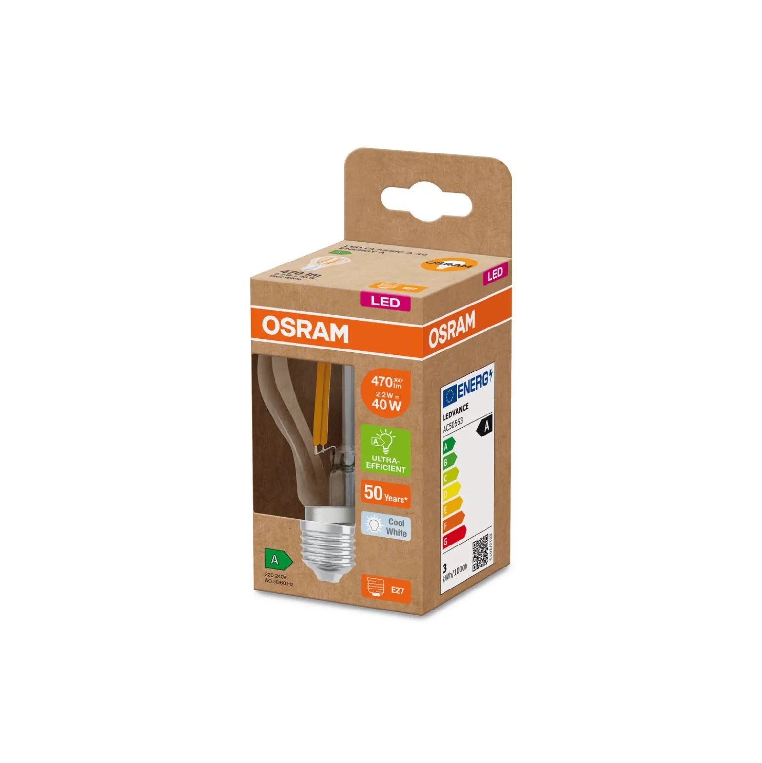 Osram Classic LED E27 Päron Filament Klar 2.2W 470lm Ultra Efficiency - 840 Kallvit | Ersättare 40W