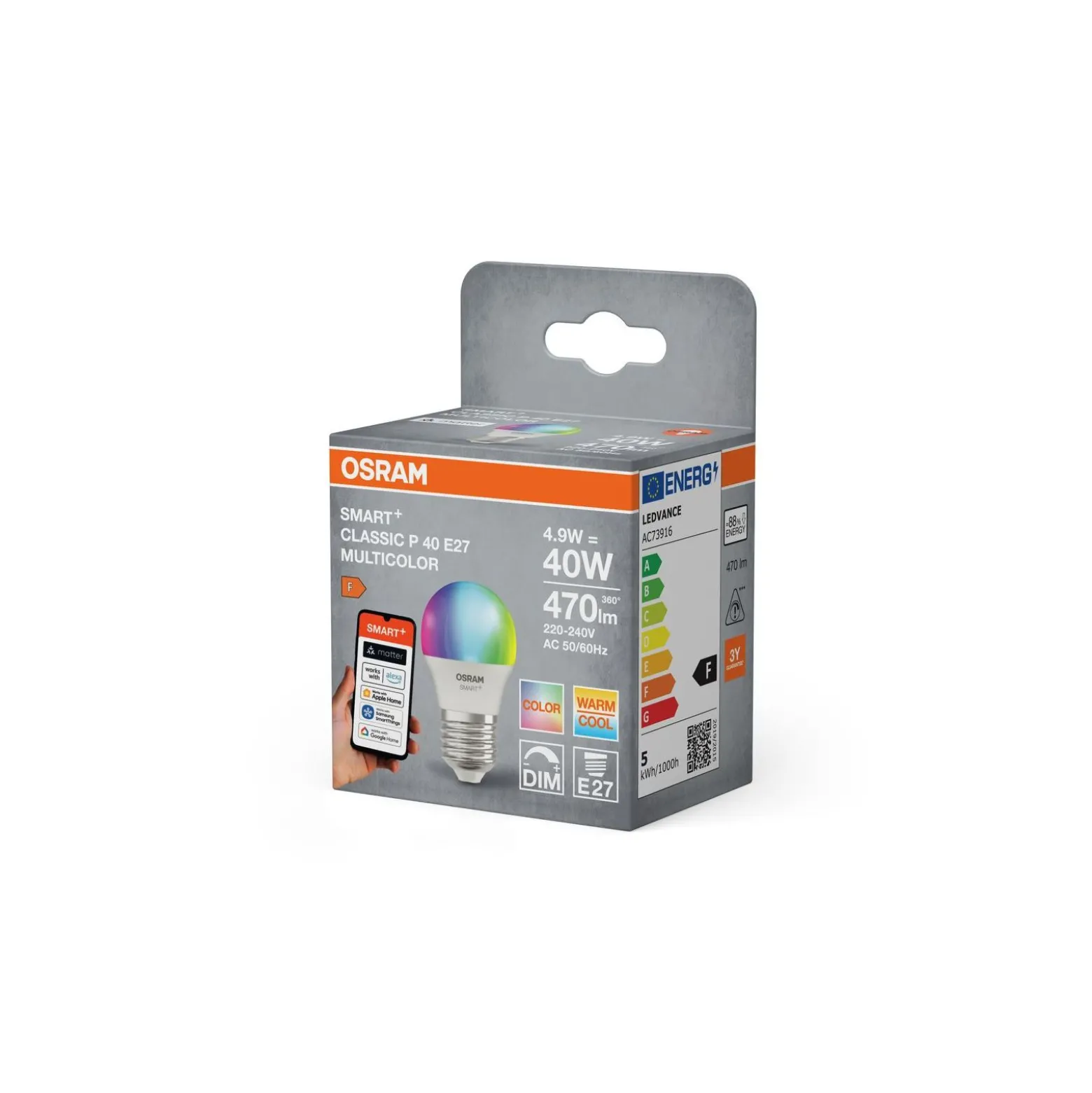Osram Smart+ Matter ClassicLED E27 Päron Matt 4.9W 470lm - 827-865 Justerbar Vit | Dimbar - Ersättare 40W